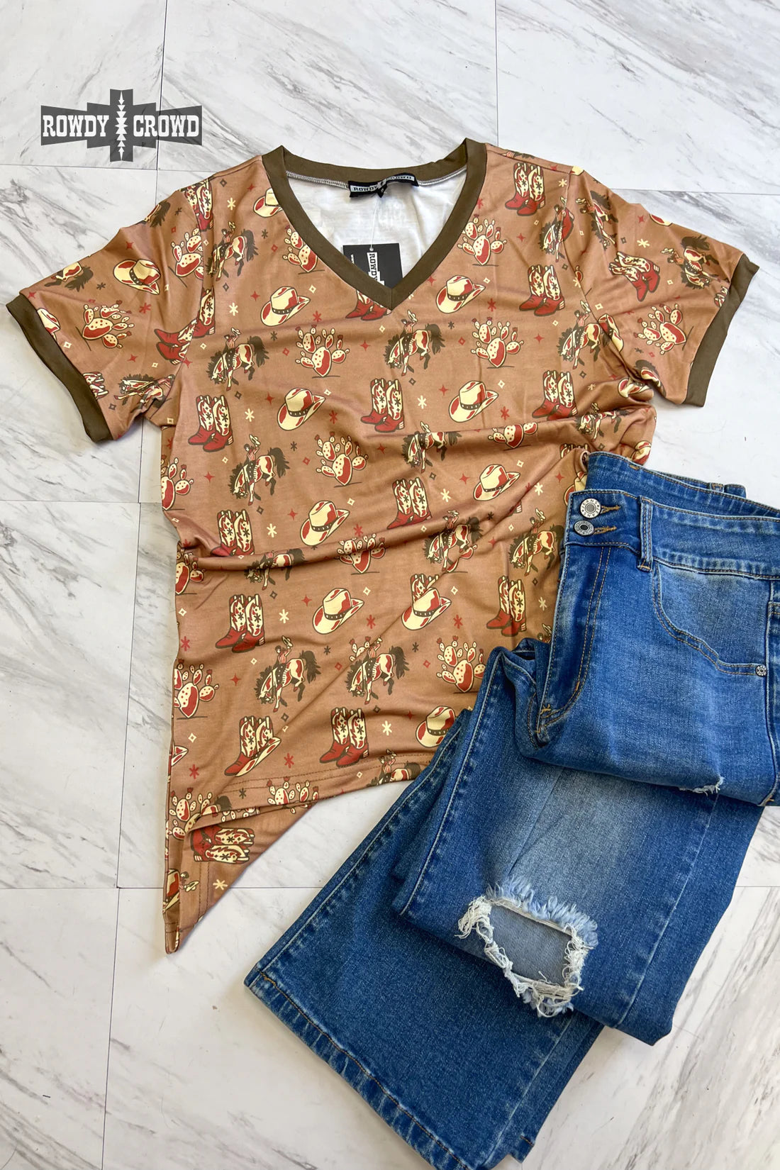 Light brown tee with western print Rowdy Womens Top