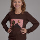 GIRLS KNIT 7-14   NOVELTY/APPLIQUE/EMBROIDERY PRINTED KNIT POLY RAYON LS SCOOP NECK TEE