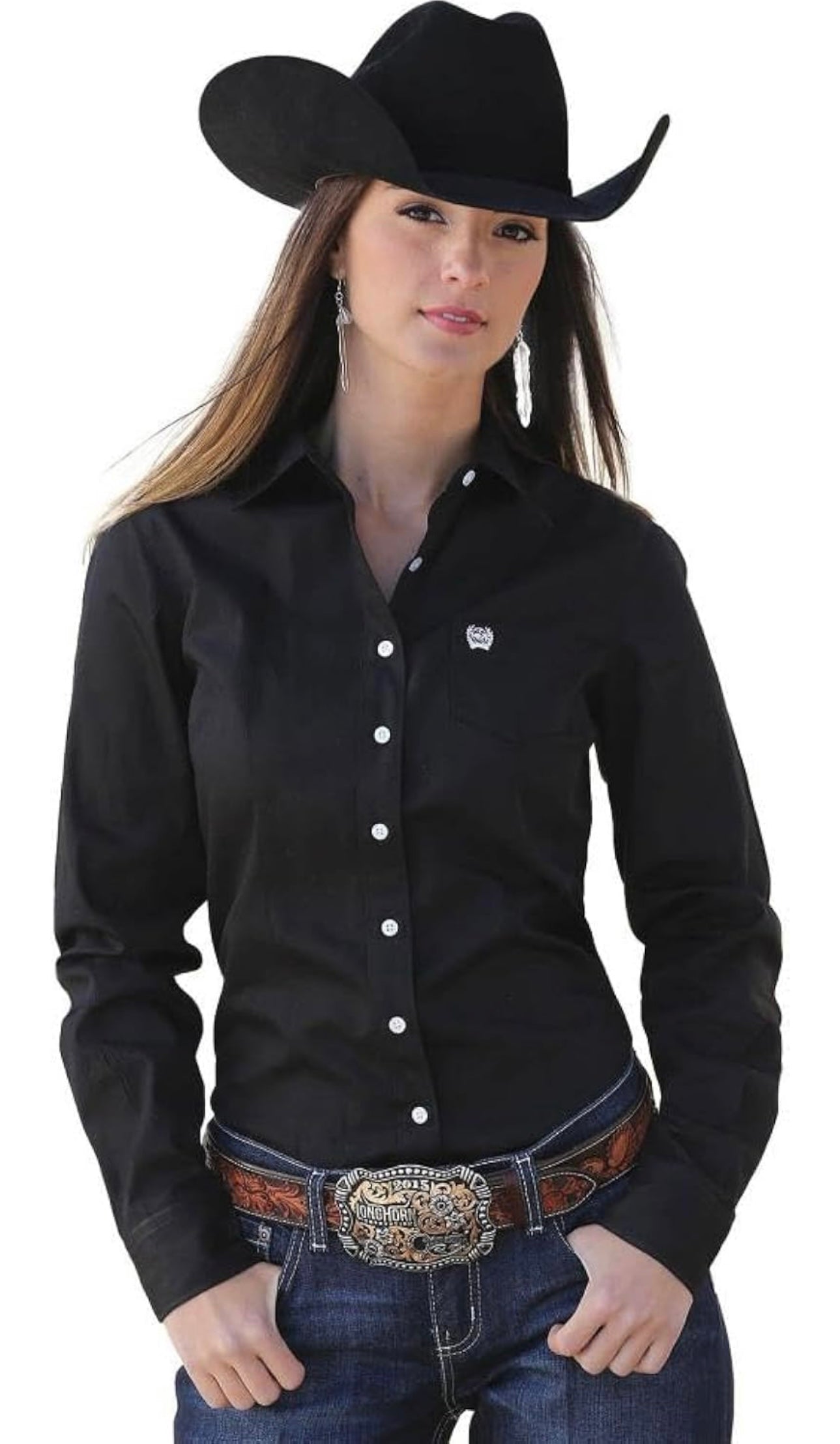 LONG SLEEVE BLACK BUTTON SHIRT Cinch womens top
