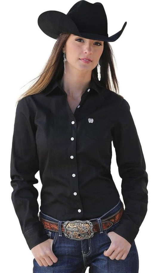 LONG SLEEVE BLACK BUTTON SHIRT Cinch womens top