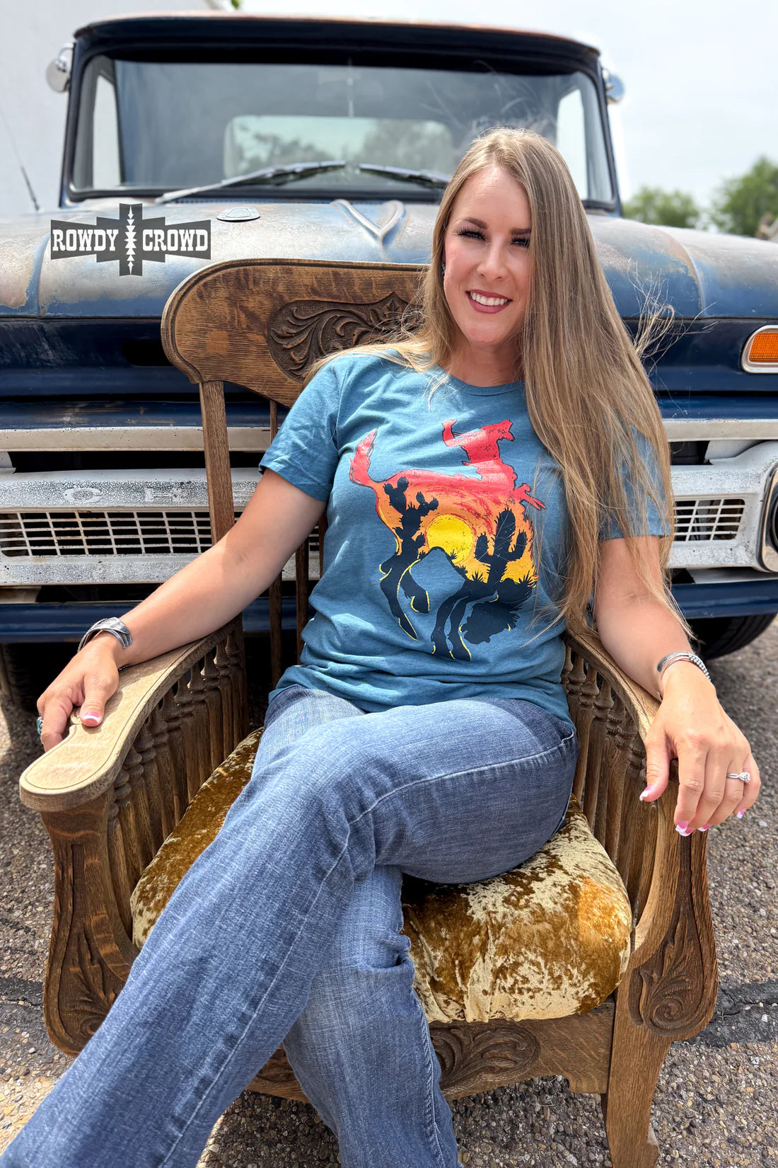 Blue T-shirt with sunset bronc womens rowdy