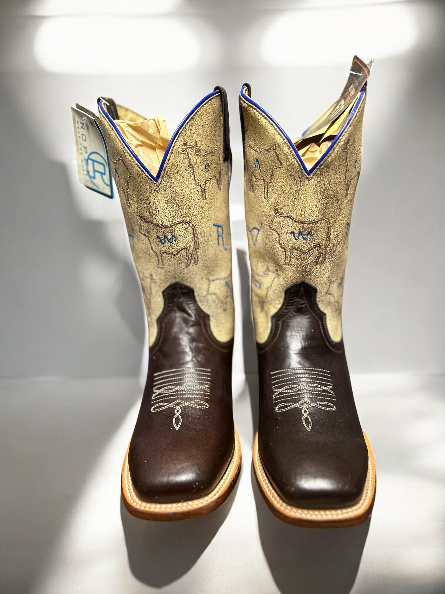 BIG KIDS FOOTWEAR SQUARE TOE  10"SHAFT OILY BROWN LEATHER VAMP CRACKLE CREAM LEATHER SHAFT