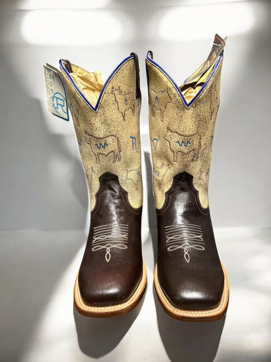 BIG KIDS FOOTWEAR SQUARE TOE  10"SHAFT OILY BROWN LEATHER VAMP CRACKLE CREAM LEATHER SHAFT