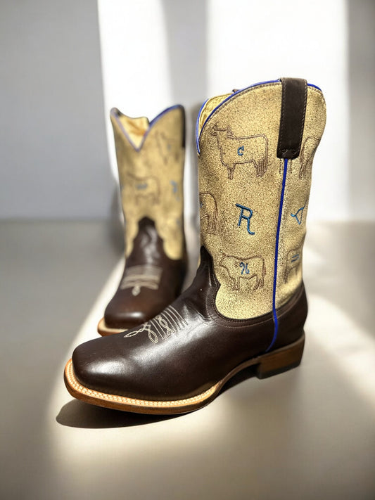 BIG KIDS FOOTWEAR SQUARE TOE  10"SHAFT OILY BROWN LEATHER VAMP CRACKLE CREAM LEATHER SHAFT