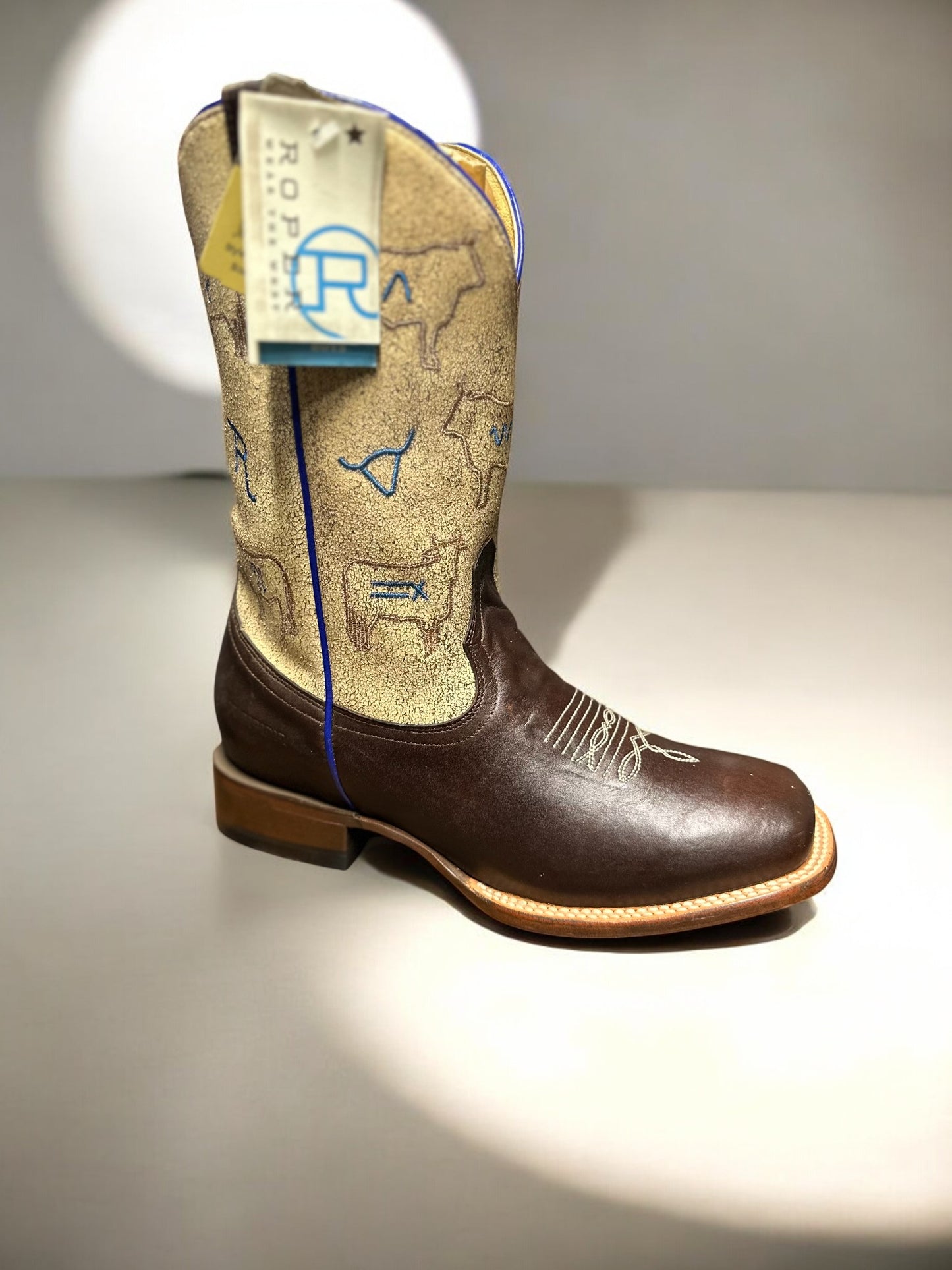 BIG KIDS FOOTWEAR SQUARE TOE  10"SHAFT OILY BROWN LEATHER VAMP CRACKLE CREAM LEATHER SHAFT