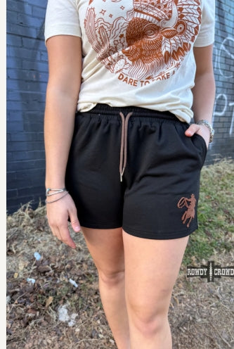 Black shorts with brown bronc emblem w/pockets womens ROWDY