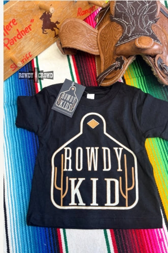 Black Tee with Brown ear tag screen print kids ROWDY