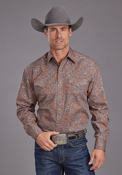 MENS L/S SHIRT   STETSON SNAP 2 POCKET PRINT COPPER PAISLEY