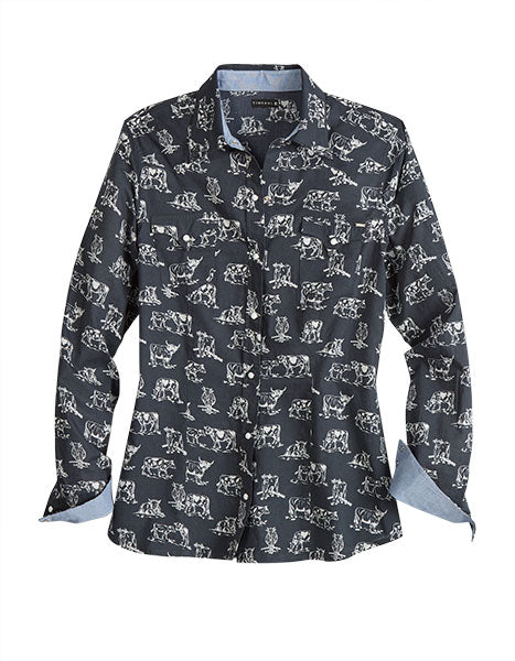 WOMENS L/S SHIRT   TIN HAUL Y/D ALLOVER PRINT -SNAP COW TOILE